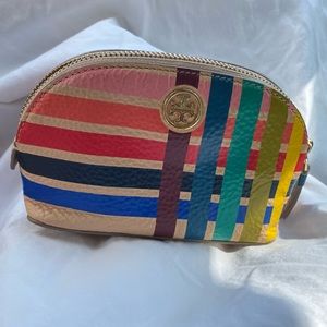 Tory Burch Robinson striped leather cosmetic case